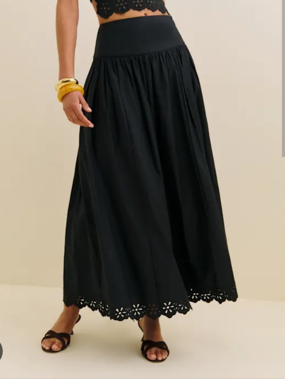 Reformation Black Maxi Skirt with Scalloped Eyelet Hem
